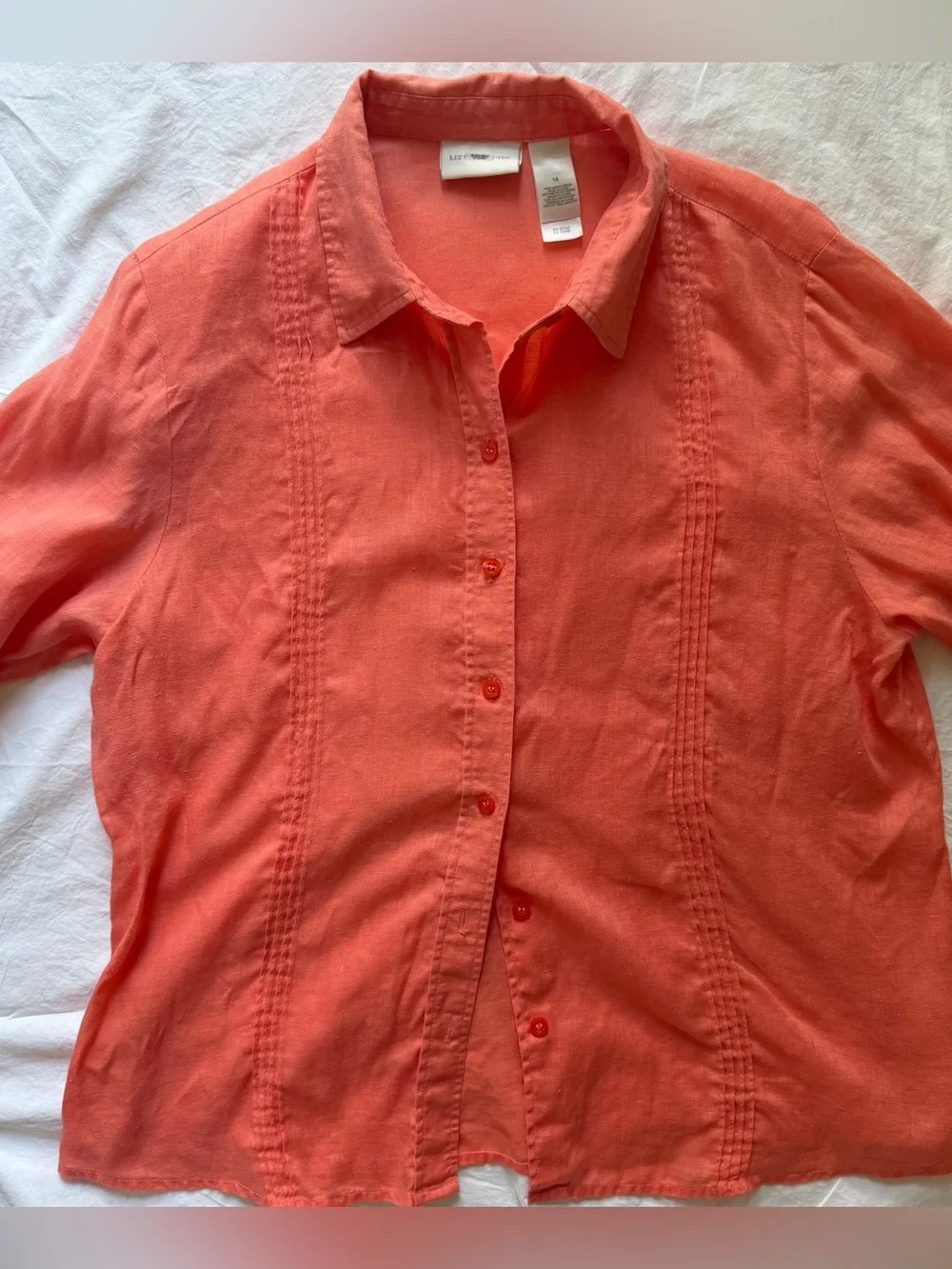 Vintage Liz Claiborne 100% Linen Orange Button Down Shirt Sz 14